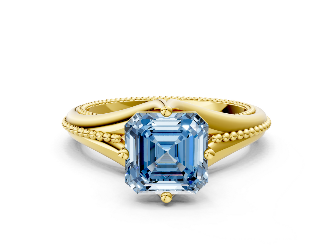 Yellow gold Fancy Blue Asscher  Solitaire Beaded Band Six-Prong Setting