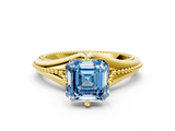 Yellow gold Fancy Blue Asscher  Solitaire Beaded Band Six-Prong Setting