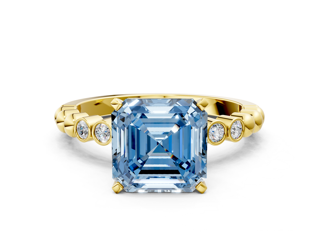 Yellow gold Fancy Blue Asscher  Solitaire Bezel Accent Diamond Engagement Ring with Beaded Band and Four-Prong Setting