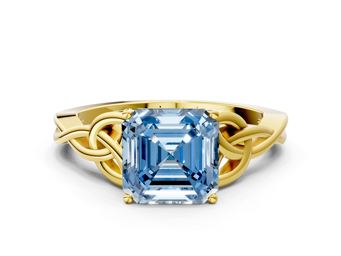 Yellow gold Fancy Blue Asscher  Solitaire Celtic Knot Engagement Ring with Four-Prong Setting_52