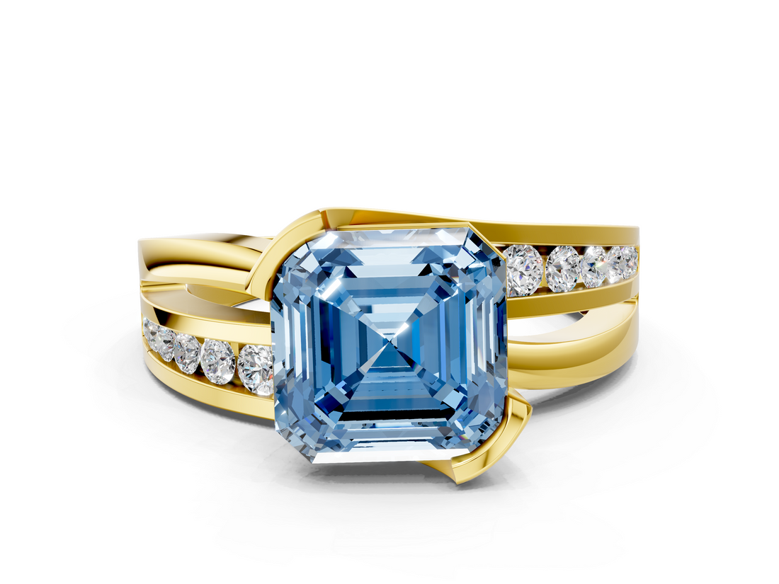 Yellow gold Fancy Blue Asscher  Solitaire Channel-Set Split Shank Ring with Tension Prong Setting_3
