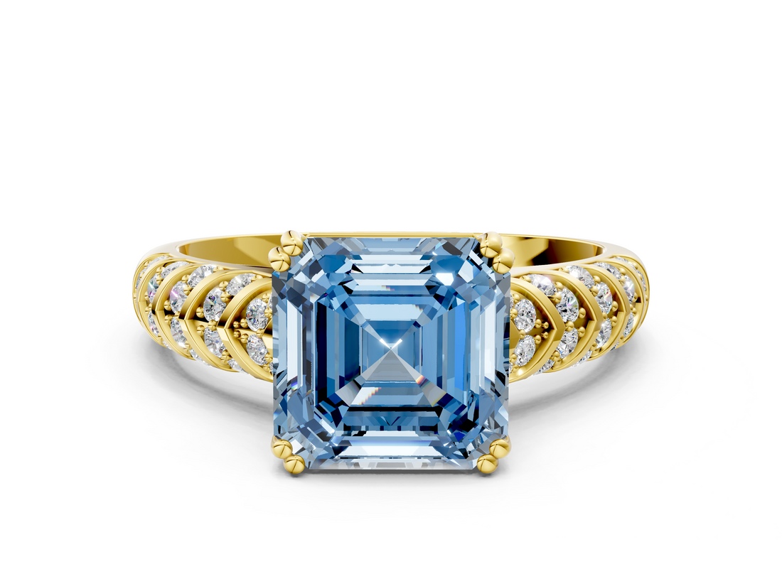 Yellow gold Fancy Blue Asscher  Solitaire Chevron Pave Diamond Engagement Ring with Six-Prong Setting_3