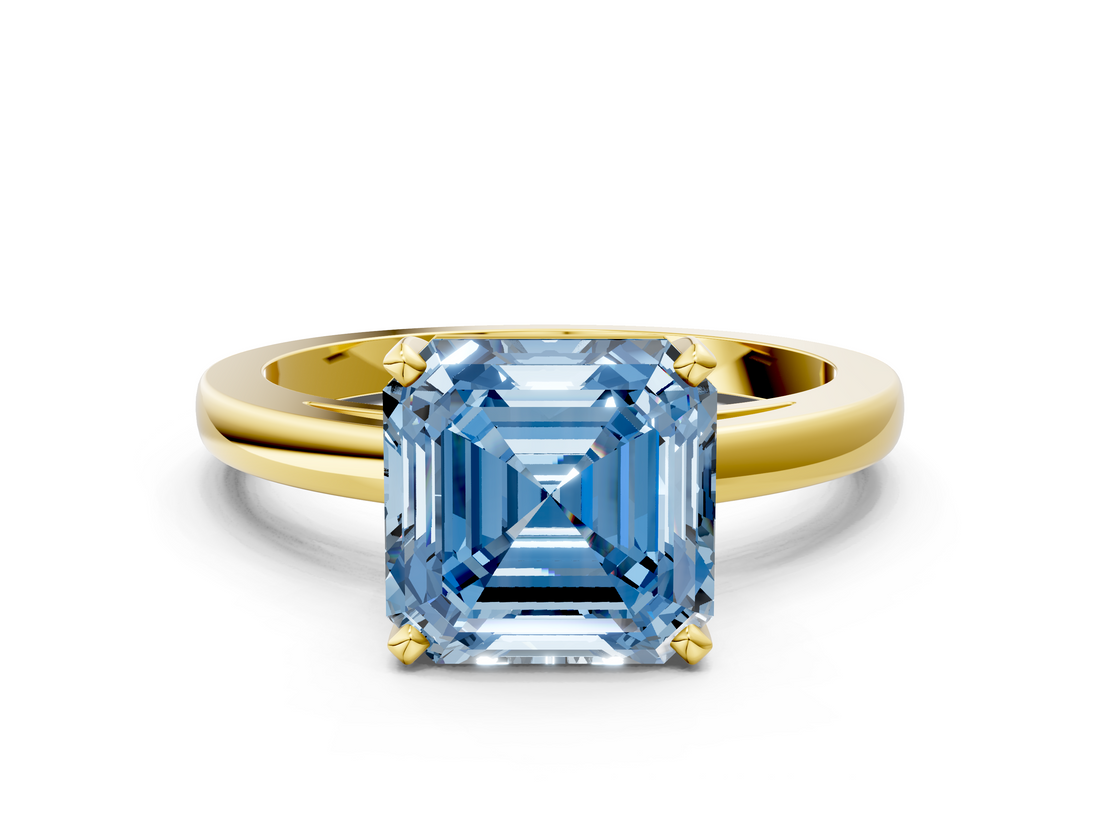 Yellow gold Fancy Blue Asscher  Solitaire Diamond Engagement Ring with Four-Prong Setting on a Classic Band_20
