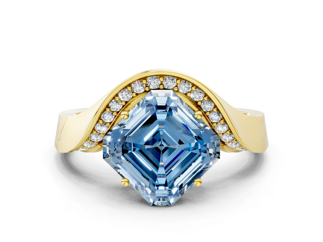 Yellow gold Fancy Blue Asscher  Solitaire Diamond Engagement Ring with Pave Band and Four-Prong Setting
