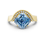 Yellow gold Fancy Blue Asscher  Solitaire Diamond Engagement Ring with Pave Band and Four-Prong Setting