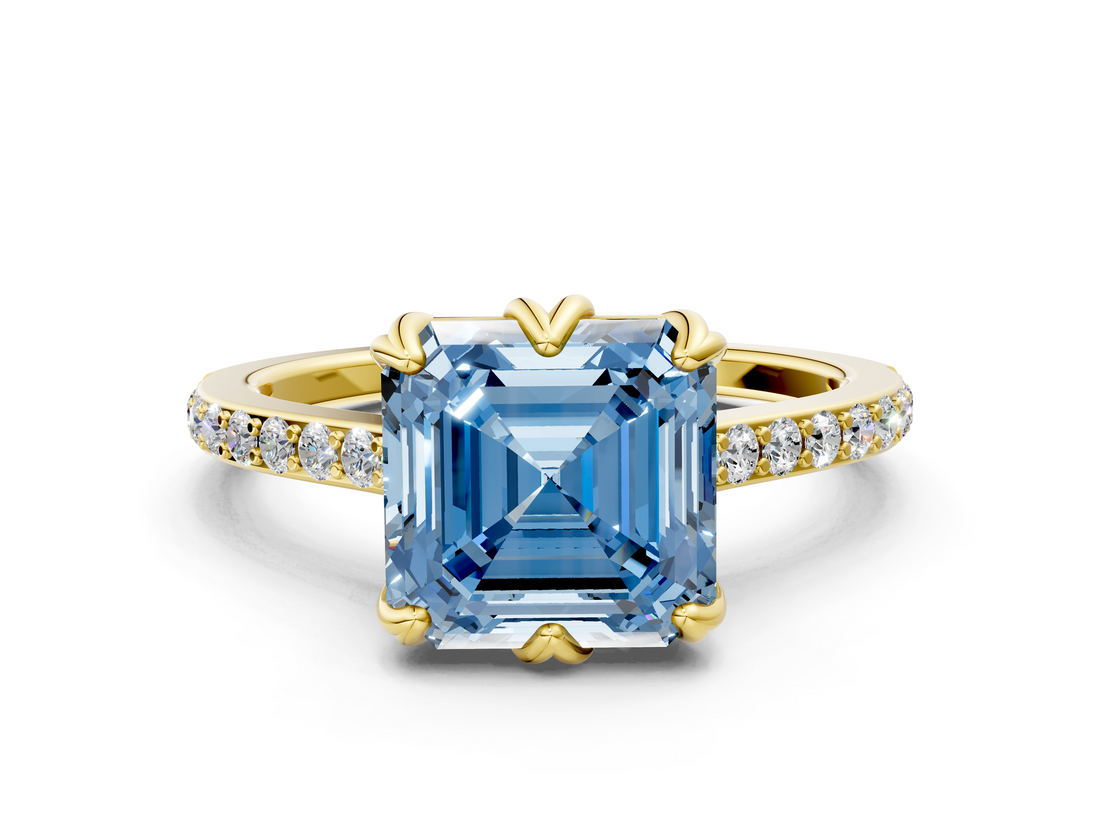 Yellow gold Fancy Blue Asscher  Solitaire Diamond Engagement Ring with Pave Band and Six-Prong Setting
