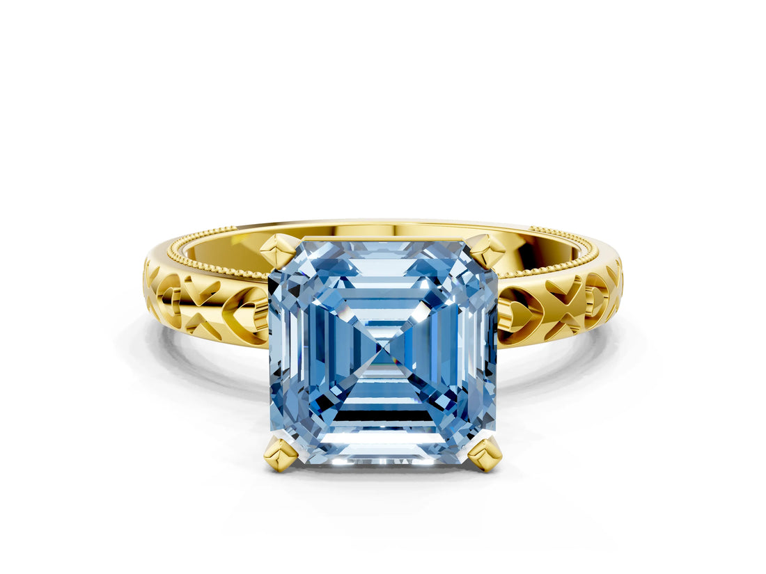 Yellow gold Fancy Blue Asscher  Solitaire Diamond Engagement Ring with XO Engraved Band and Four-Prong Setting 2