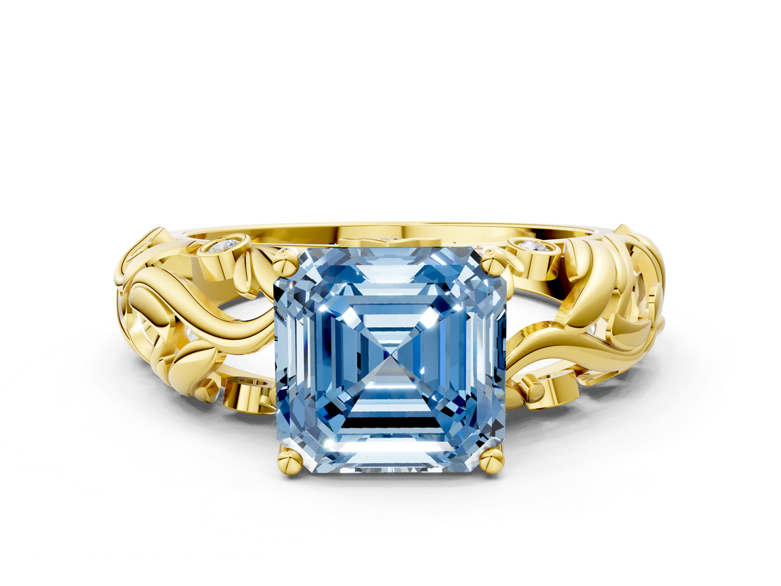 Yellow gold Fancy Blue Asscher  Solitaire Diamond Leaf Vine Band with Prong Setting_17