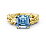 Yellow gold Fancy Blue Asscher  Solitaire Diamond Leaf Vine Band with Prong Setting_17