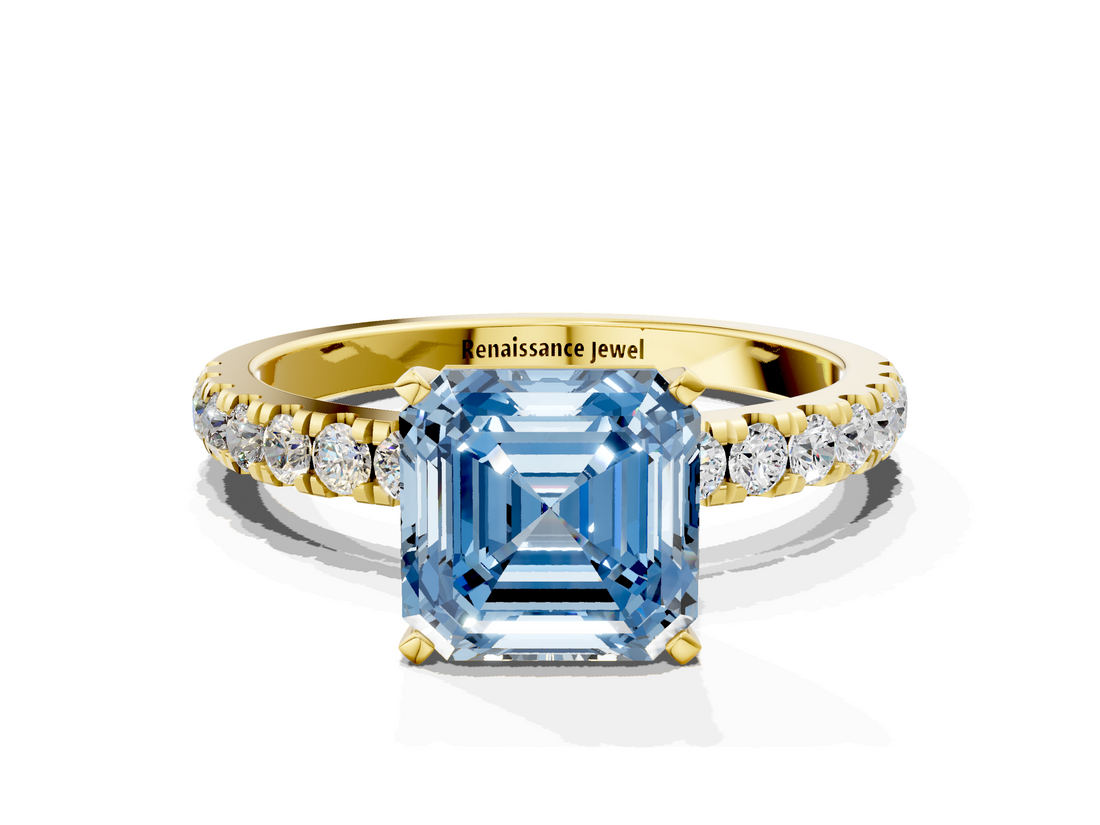 Yellow gold Fancy Blue Asscher  Solitaire Diamond Pavé Band with Four-Prong Setting
