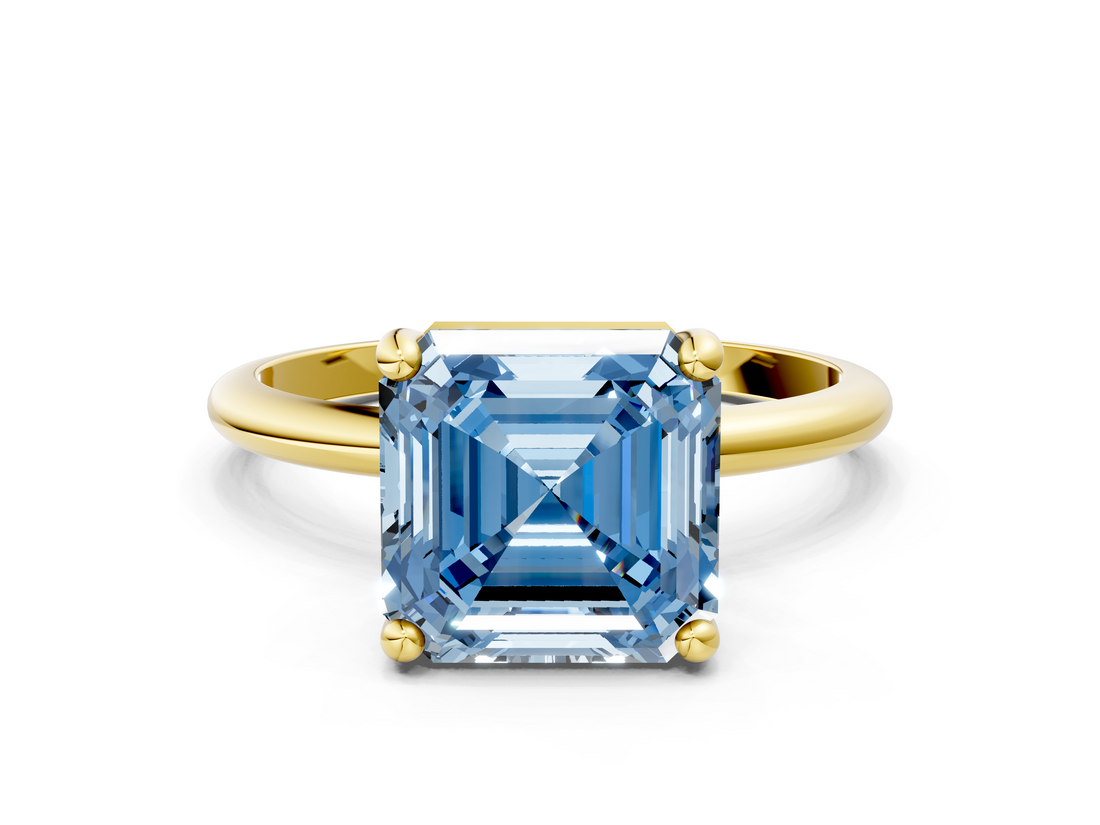 Yellow gold Fancy Blue Asscher  Solitaire Diamond Ring with 4-Prong Setting on a Classic Band_3