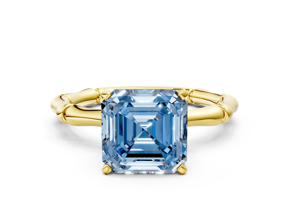 Yellow gold Fancy Blue Asscher  Solitaire Diamond Ring with Bamboo Band and Four-Prong Setting_17