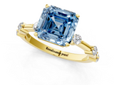 Yellow gold Fancy Blue Asscher  Solitaire Diamond Ring with Bezel Set Side Stones and Prong Setting_1