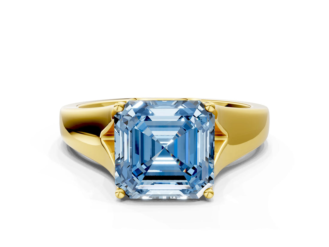 Yellow gold Fancy Blue Asscher  Solitaire Diamond Ring with Cathedral Band and Four-Prong Setting_66