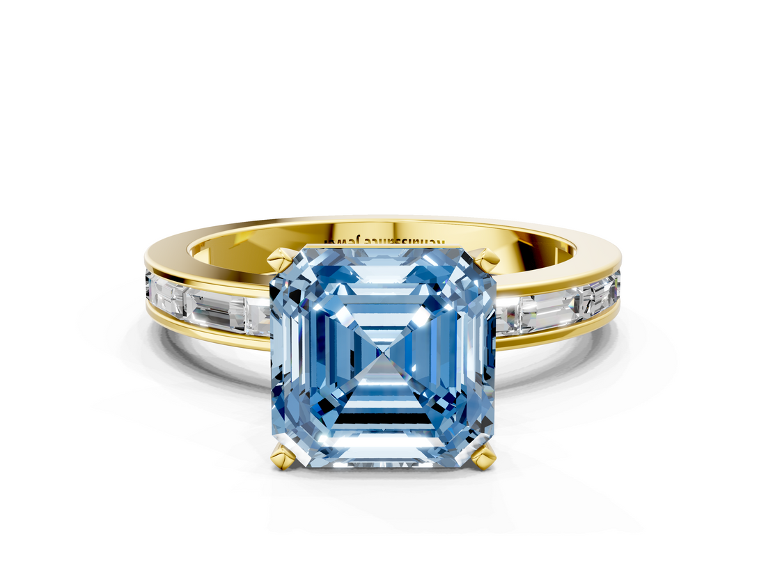 Yellow gold Fancy Blue Asscher  Solitaire Diamond Ring with Channel-Set Baguette Band and Four-Prong Setting_17