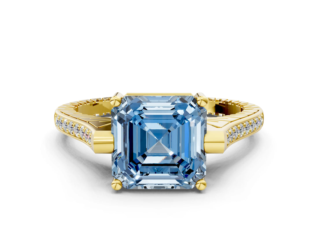 Yellow gold Fancy Blue Asscher  Solitaire Diamond Ring with Channel Set Band and Bezel Prong Setting_57