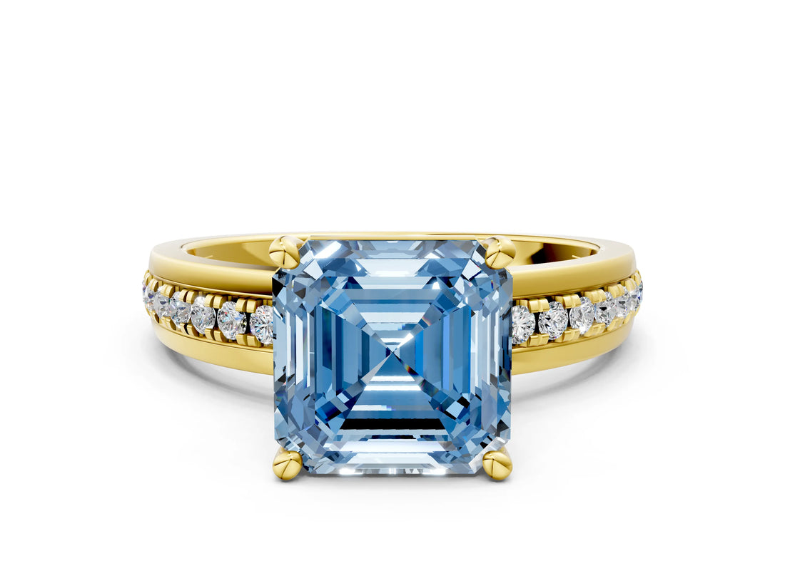 Yellow gold Fancy Blue Asscher  Solitaire Diamond Ring with Channel Set Band and Six-Prong Setting_46