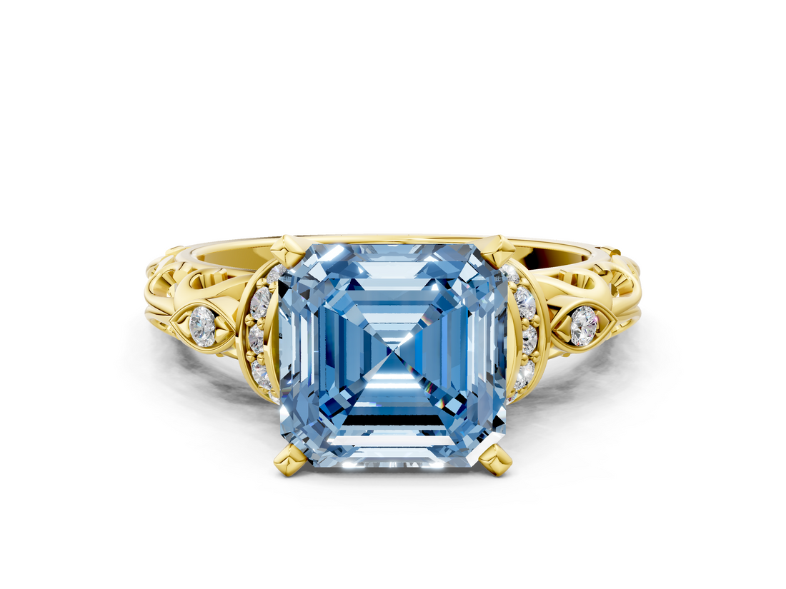 Yellow gold Fancy Blue Asscher  Solitaire Diamond Ring with Filigree Band and Four-Prong Setting