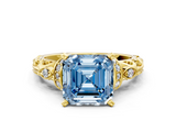Yellow gold Fancy Blue Asscher  Solitaire Diamond Ring with Filigree Band and Four-Prong Setting