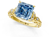 Yellow gold Fancy Blue Asscher  Solitaire Diamond Ring with Filigree Band and Four-Prong Setting_1