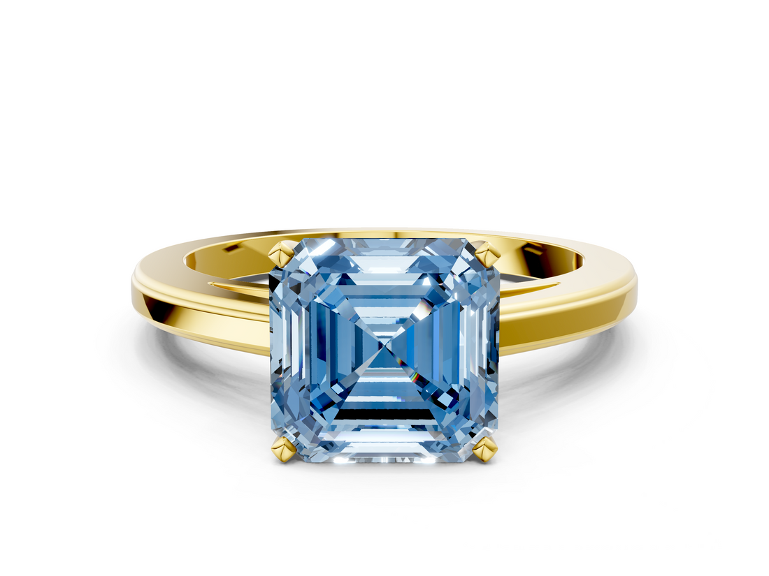 Yellow gold Fancy Blue Asscher  Solitaire Diamond Ring with Four-Prong Setting and Classic Band_20