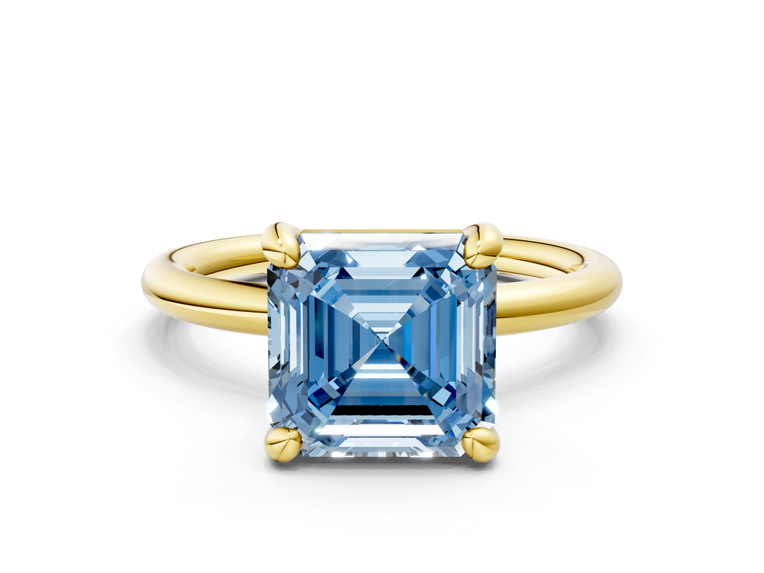Yellow gold Fancy Blue Asscher  Solitaire Diamond Ring with Four-Prong Setting on a Plain Band_22