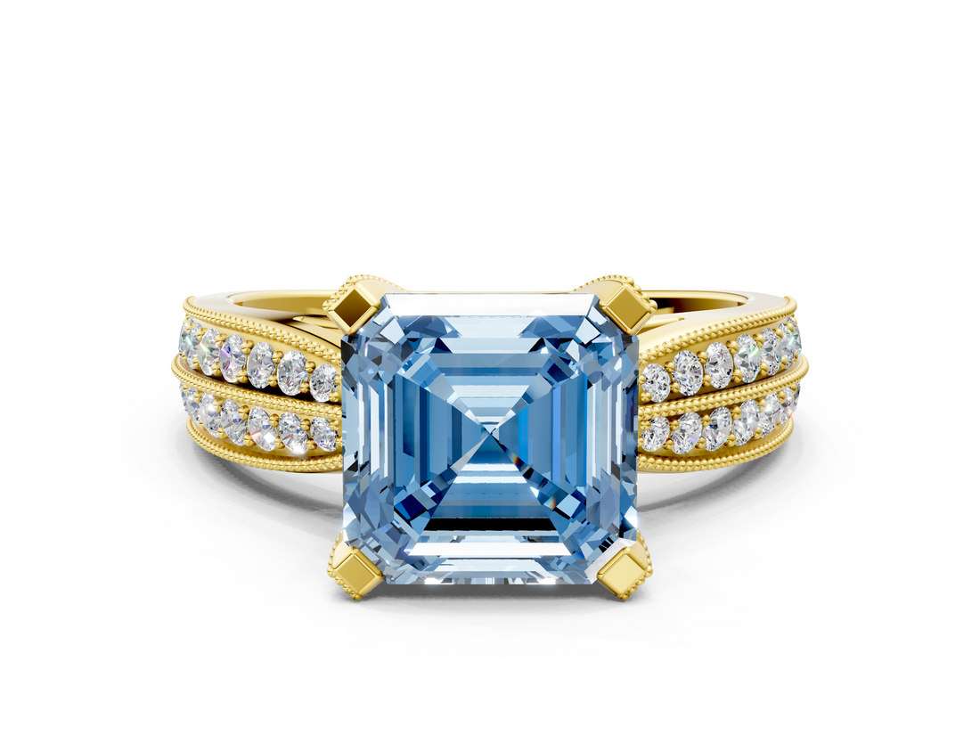 Yellow gold Fancy Blue Asscher  Solitaire Diamond Ring with Milgrain Pavé Band and Four-Prong Setting_54