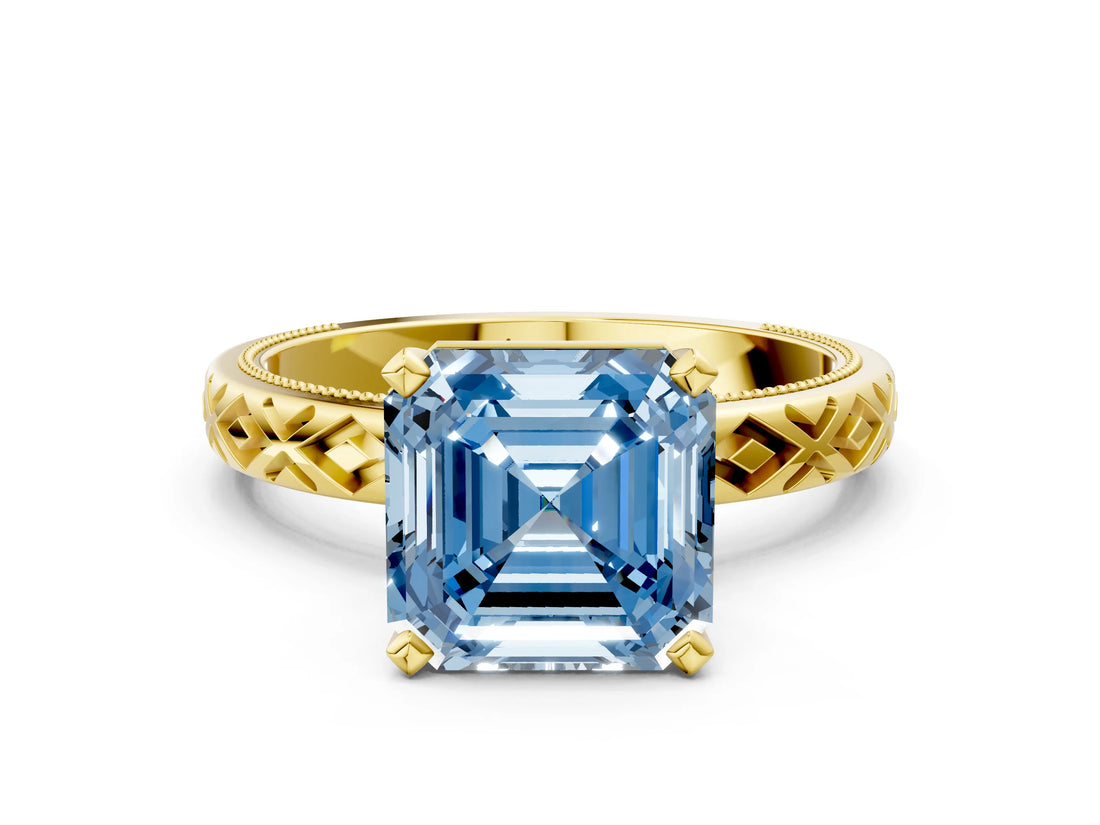 Yellow gold Fancy Blue Asscher  Solitaire Diamond Ring with Milgrain and Black Enamel X Pattern Band_45