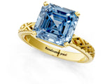 Yellow gold Fancy Blue Asscher  Solitaire Diamond Ring with Milgrain and Black Enamel X Pattern Band_46
