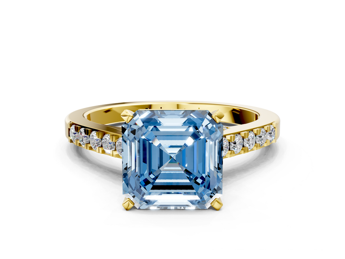 Yellow gold Fancy Blue Asscher  Solitaire Diamond Ring with Pavé Band and Four-Prong Setting
