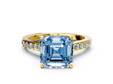 Yellow gold Fancy Blue Asscher  Solitaire Diamond Ring with Pavé Band and Four-Prong Setting