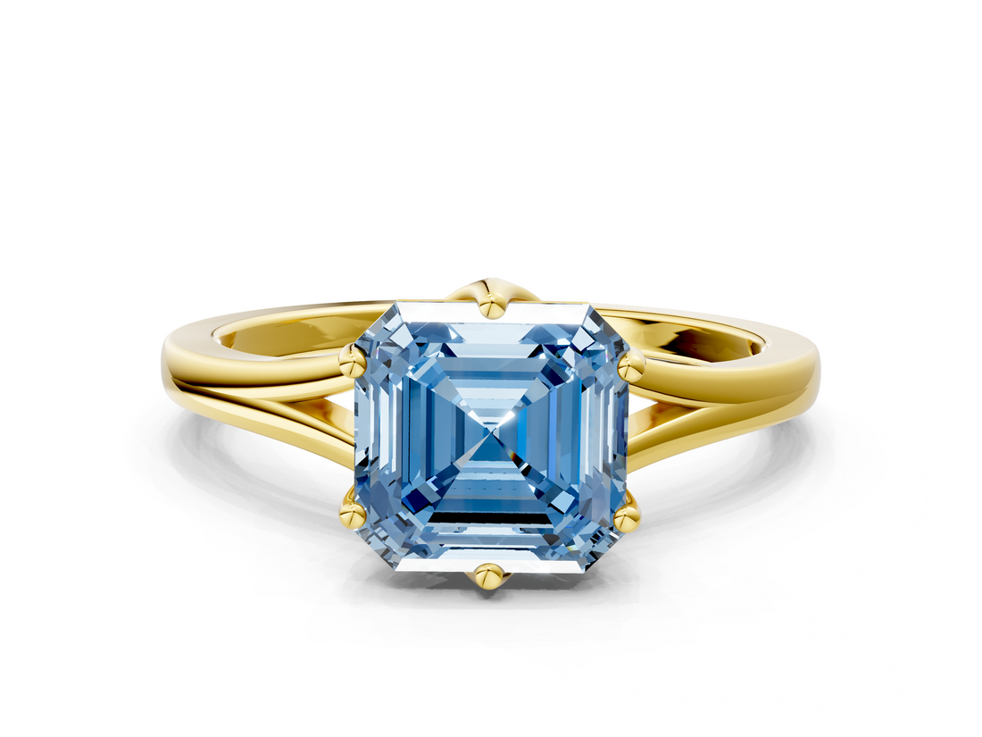 Yellow gold Fancy Blue Asscher  Solitaire Diamond Ring with Six-Prong Setting and Tapered Band_18