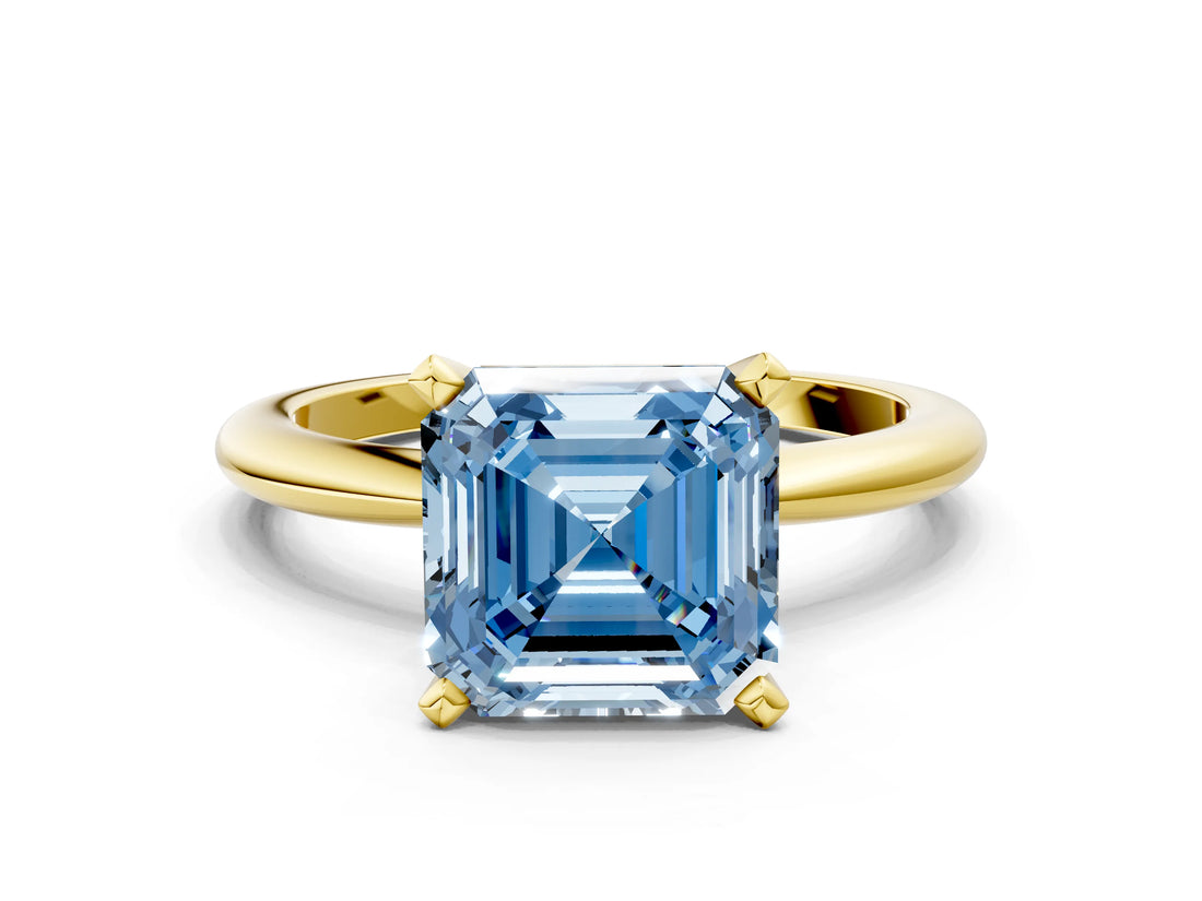 Yellow gold Fancy Blue Asscher  Solitaire Diamond Ring with Six-Prong Setting on a Classic Band