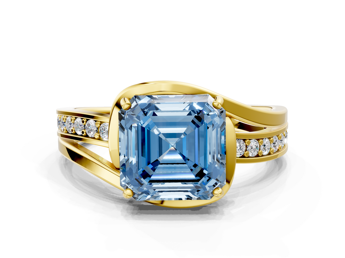 Yellow gold Fancy Blue Asscher  Solitaire Diamond Ring with Split Shank and Prong Setting