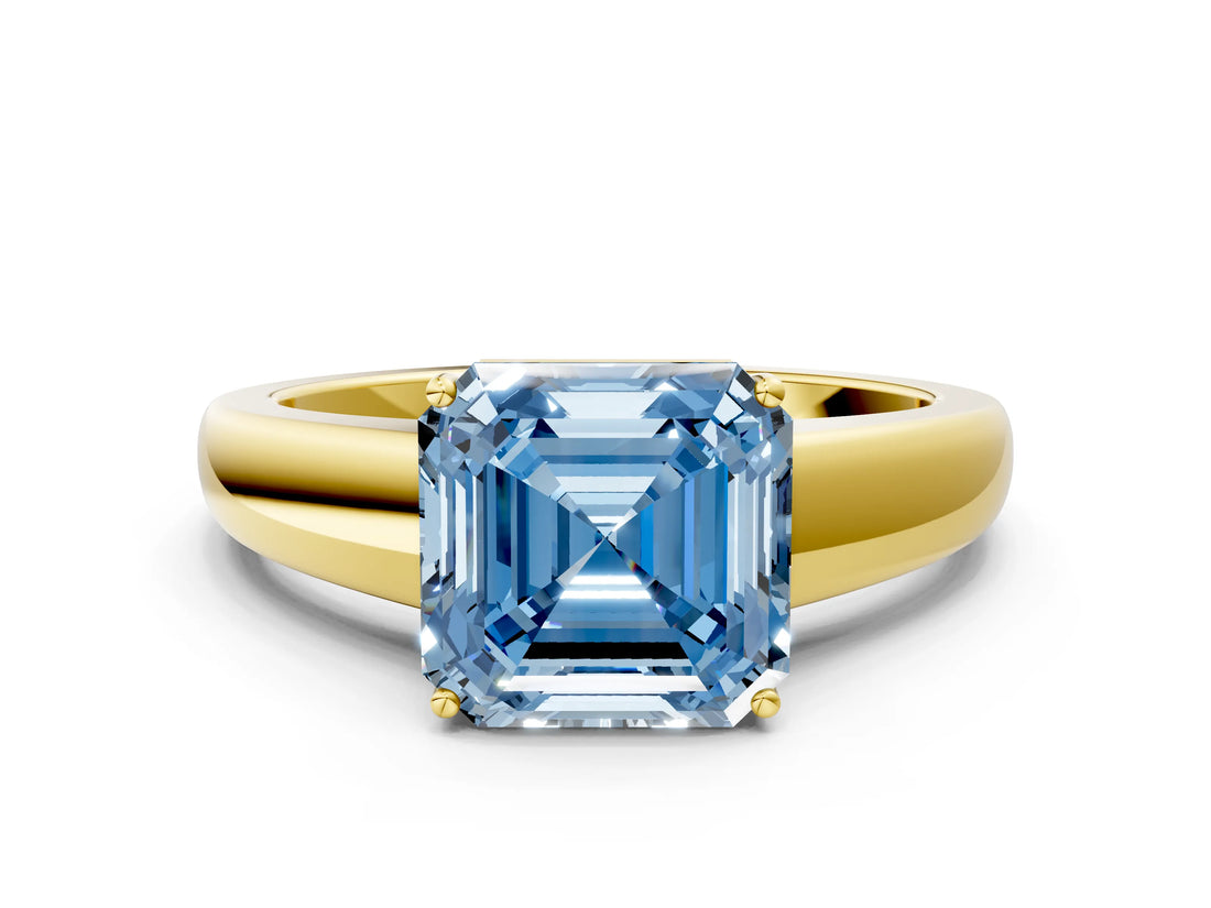 Yellow gold Fancy Blue Asscher  Solitaire Diamond Ring with Tapered Band and Four-Prong Setting_83