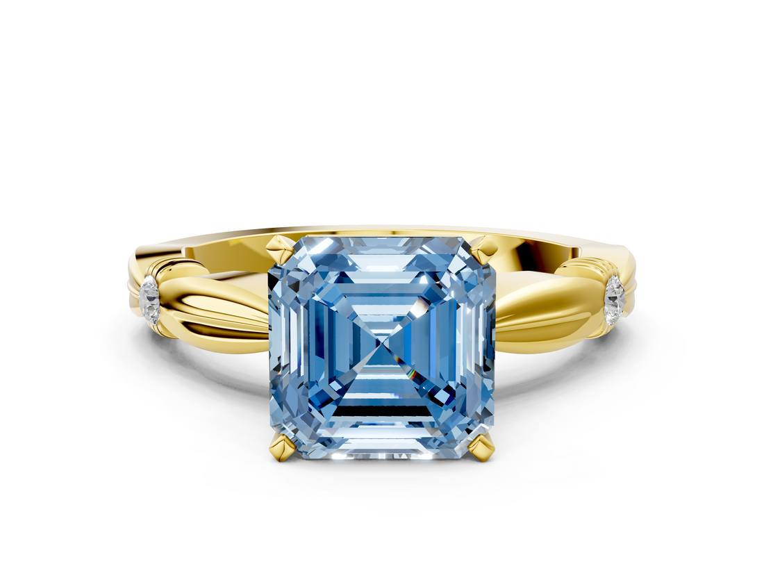 Yellow gold Fancy Blue Asscher  Solitaire Diamond Twisted Band with Four-Prong Setting