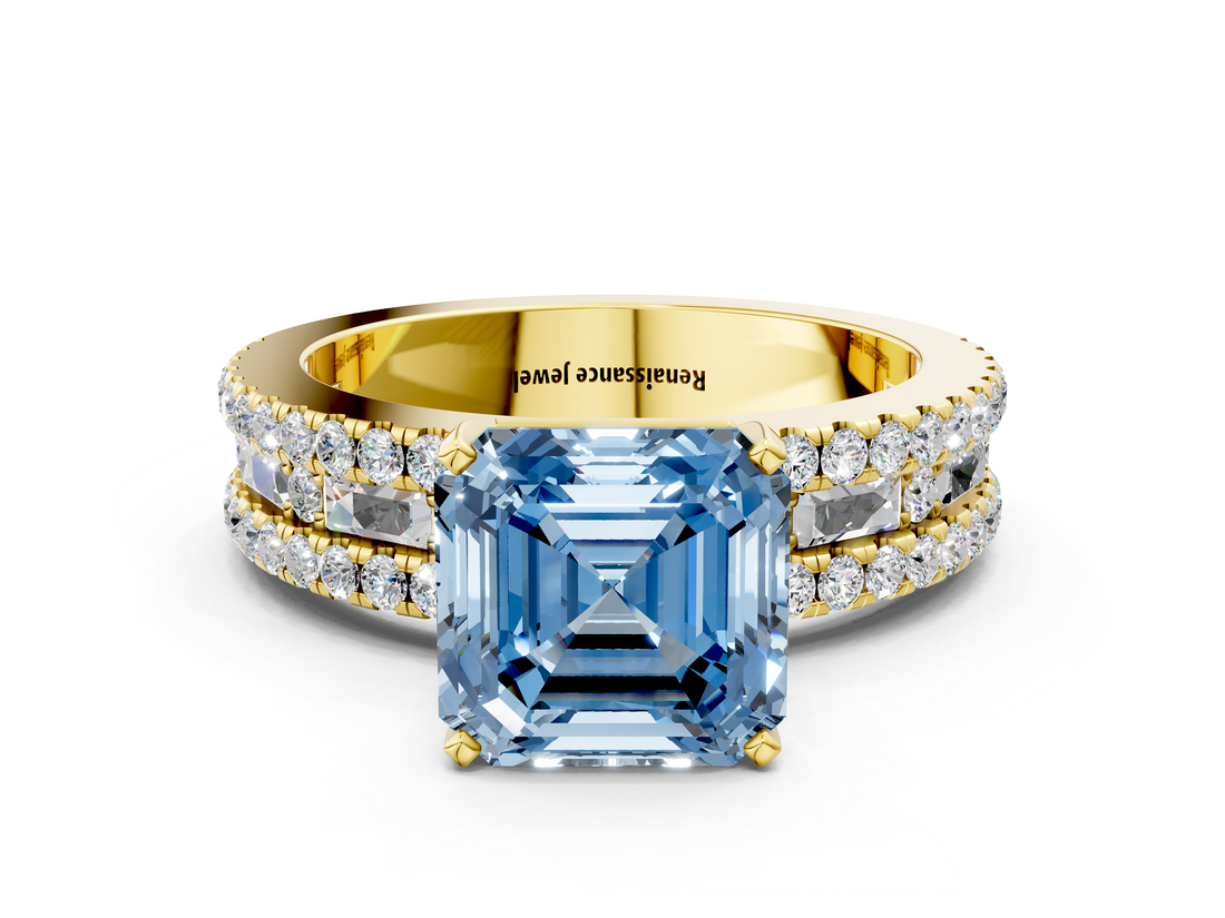 Yellow gold Fancy Blue Asscher  Solitaire Diamond with Pave and Channel Set Band_12