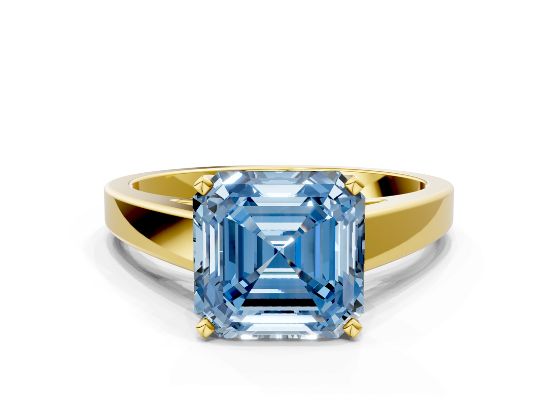 Yellow gold Fancy Blue Asscher  Solitaire Engagement Ring with Four-Prong Setting and Tapered Band_21