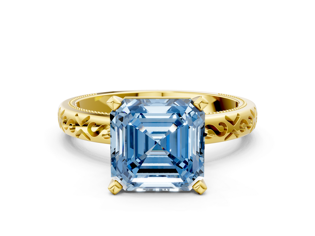 Yellow gold Fancy Blue Asscher  Solitaire Engagement Ring with Scrollwork Band and Four-Prong Setting_16