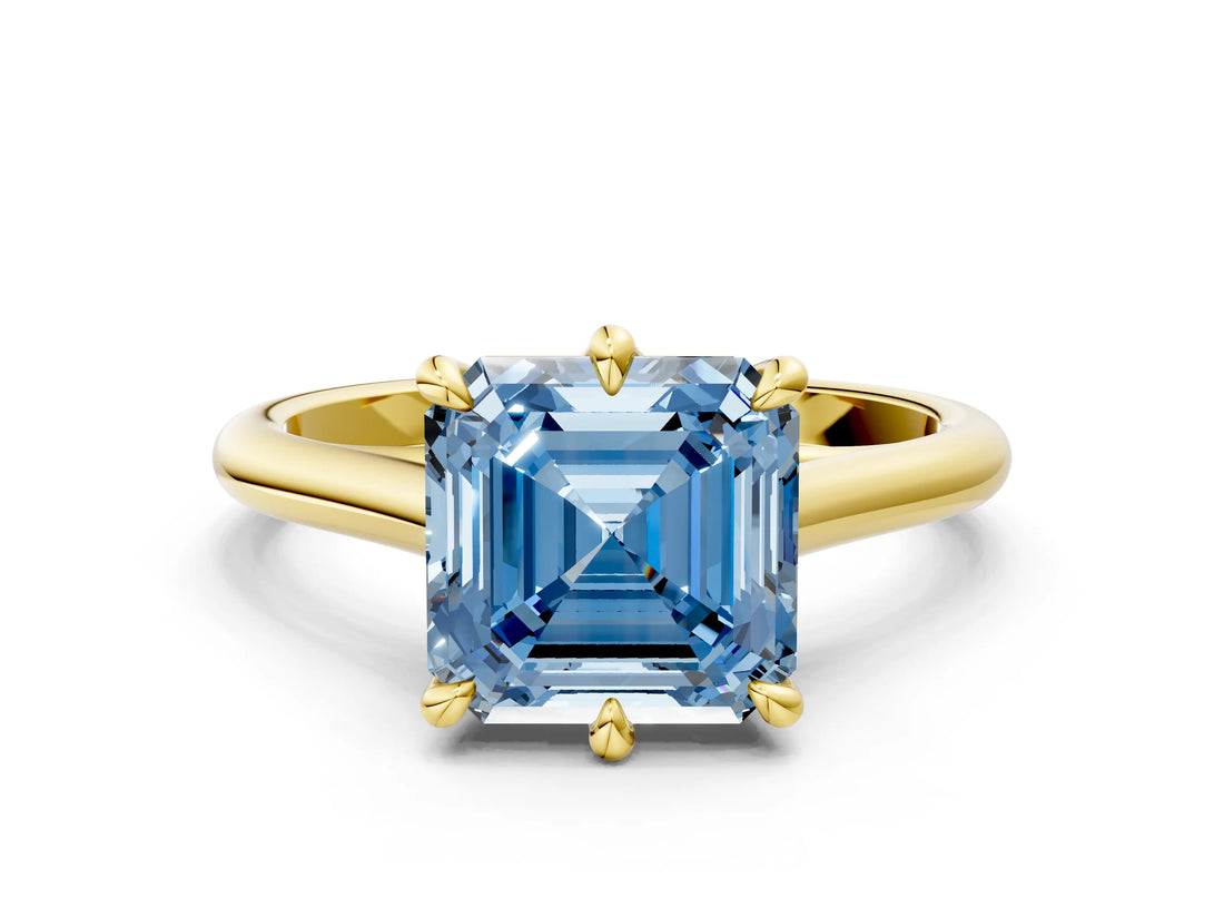 Yellow gold Fancy Blue Asscher  Solitaire Engagement Ring with Six-Prong Setting and Classic Band 1