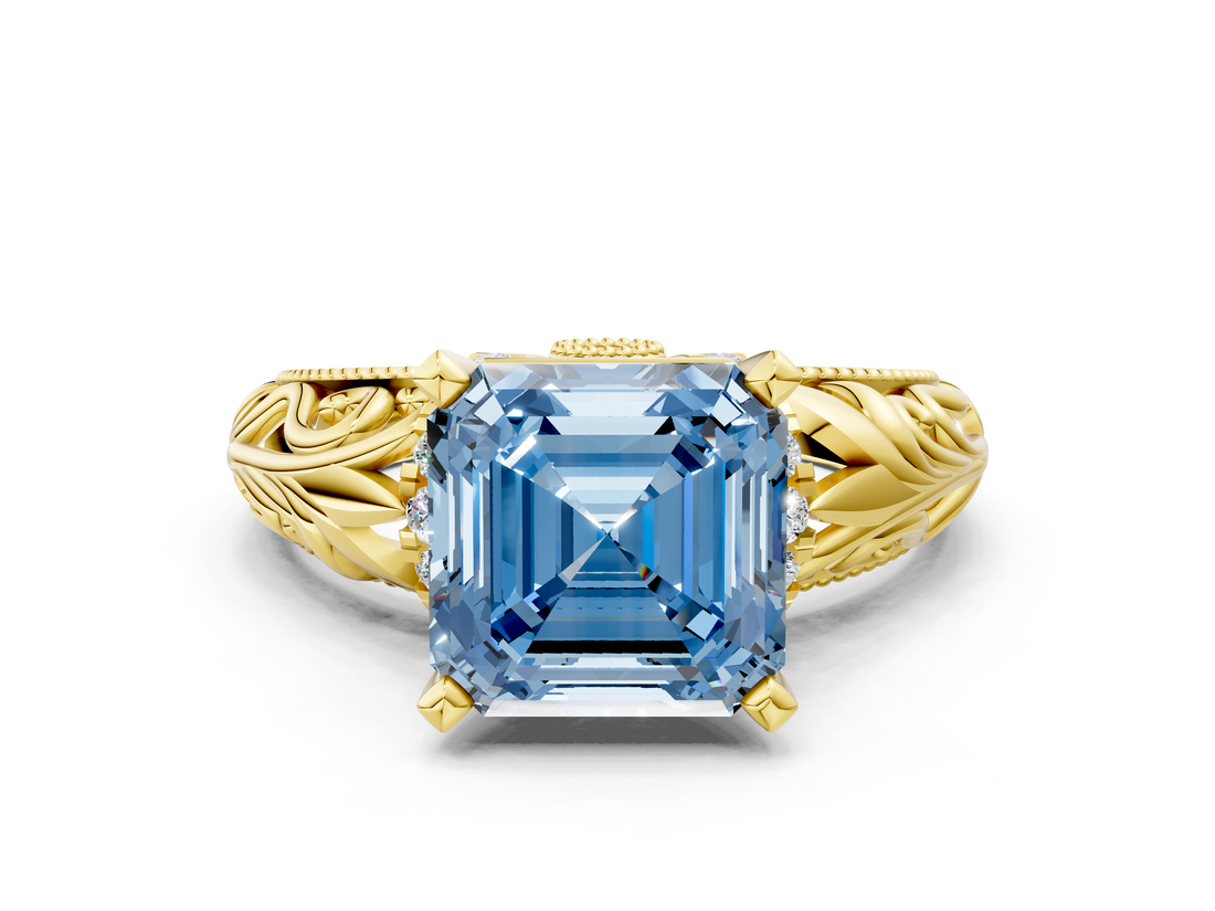 Yellow gold Fancy Blue Asscher  Solitaire Filigree Engagement Ring with Halo and Prong Setting_17