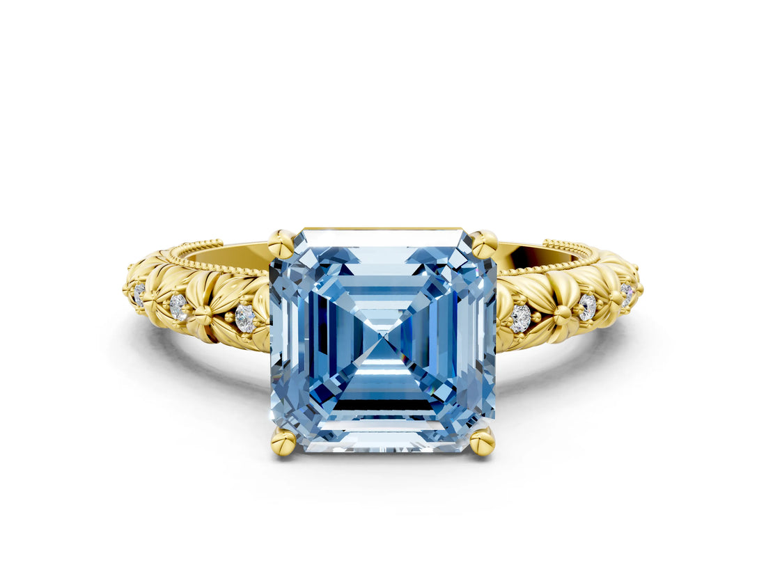 Yellow gold Fancy Blue Asscher  Solitaire Floral Milgrain Engagement Ring_36