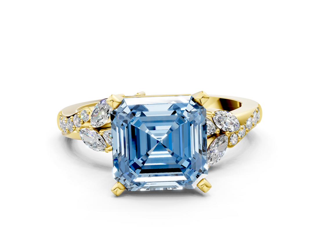 Yellow gold Fancy Blue Asscher  Solitaire Marquise Twist Band with Six-Prong Setting