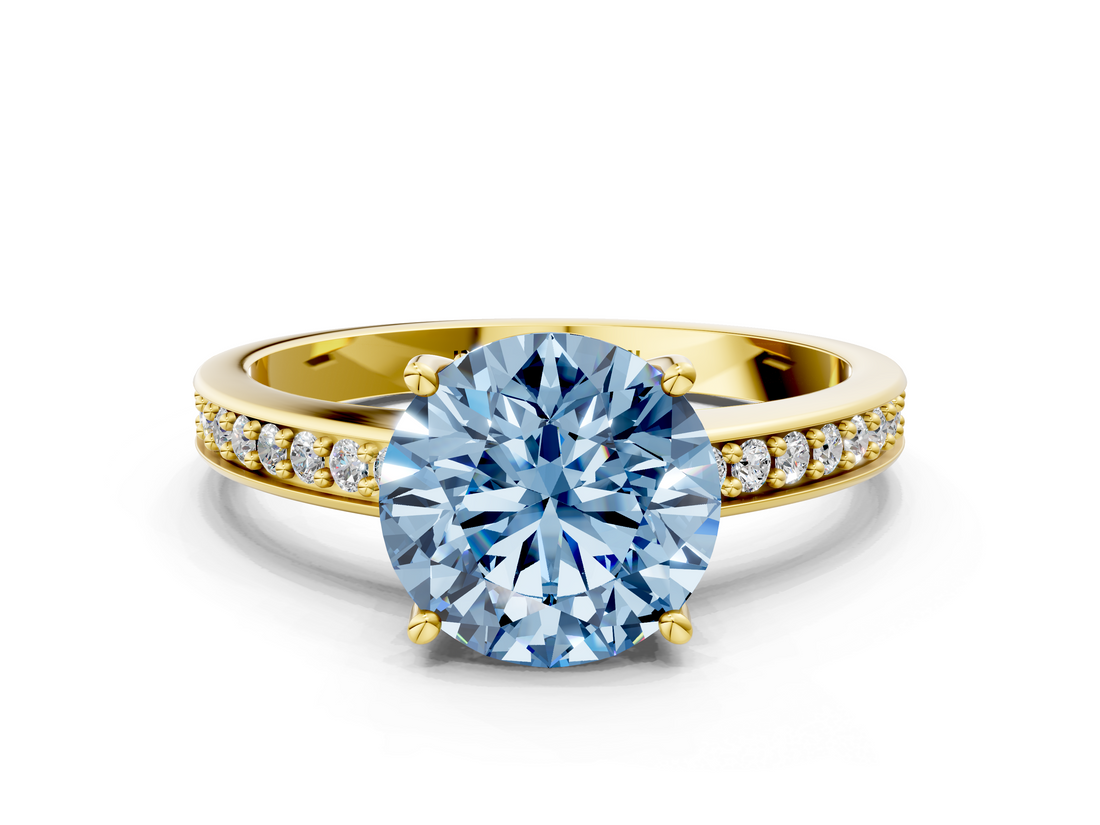 Yellow gold Fancy Blue Asscher  Solitaire Pavé Band Prong Setting Ring