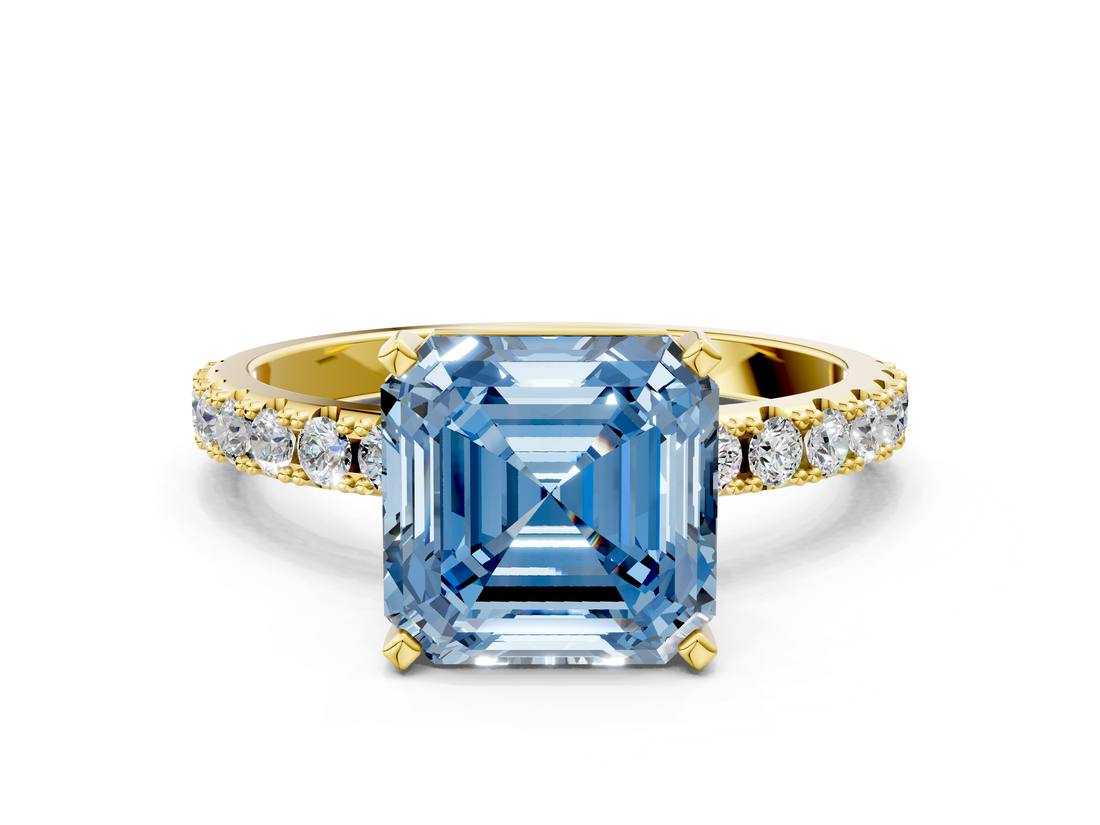 Yellow gold Fancy Blue Asscher  Solitaire Pavé Band with Four-Prong Setting_17