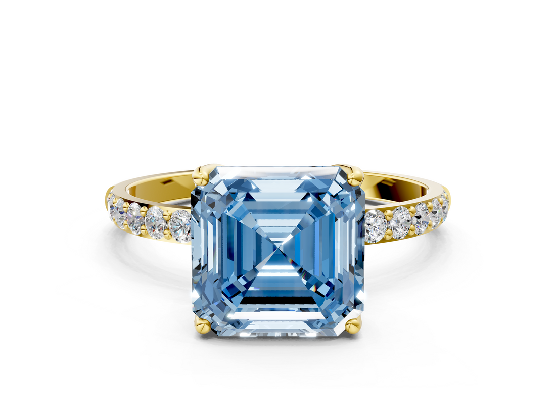 Yellow gold Fancy Blue Asscher  Solitaire Pavé Diamond Engagement Ring with Four-Prong Setting_18