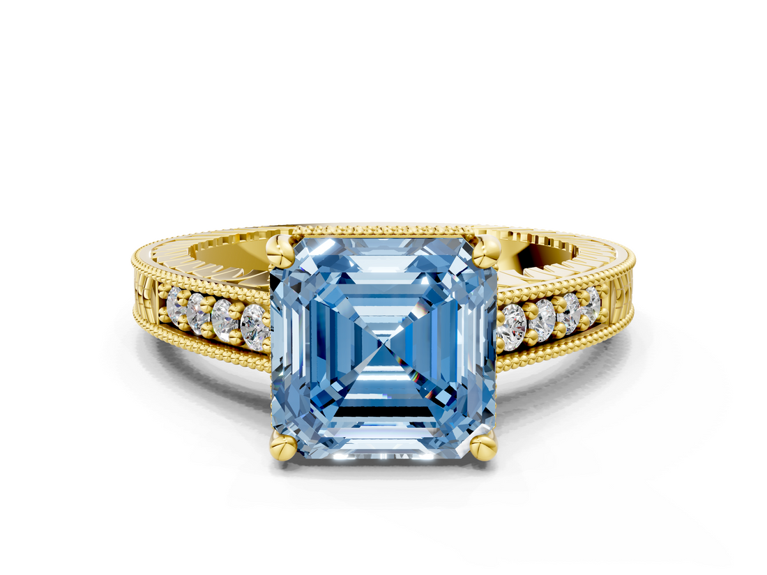 Yellow gold Fancy Blue Asscher  Solitaire Pavé Diamond Milgrain Engagement Ring with Four-Prong Setting