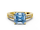Yellow gold Fancy Blue Asscher  Solitaire Pavé Diamond Milgrain Engagement Ring with Four-Prong Setting