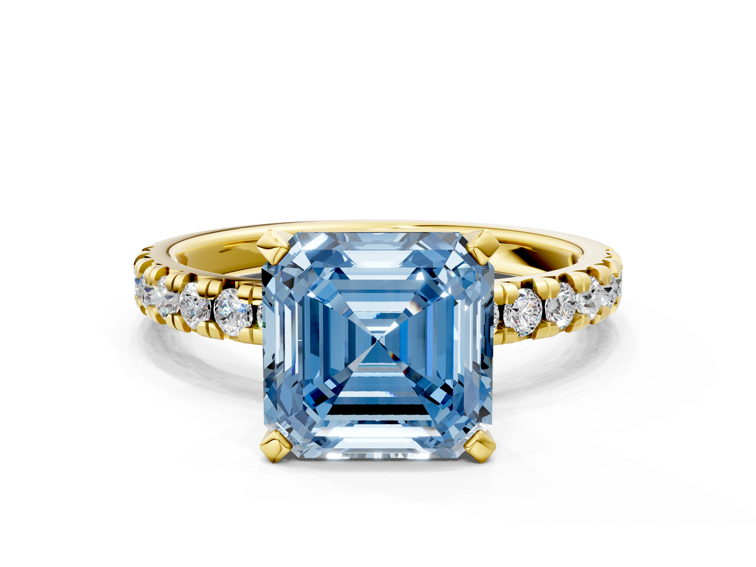Yellow gold Fancy Blue Asscher  Solitaire Pave Diamond Engagement Ring with Four-Prong Setting
