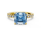 Yellow gold Fancy Blue Asscher  Solitaire Pave Diamond Engagement Ring with Four-Prong Setting